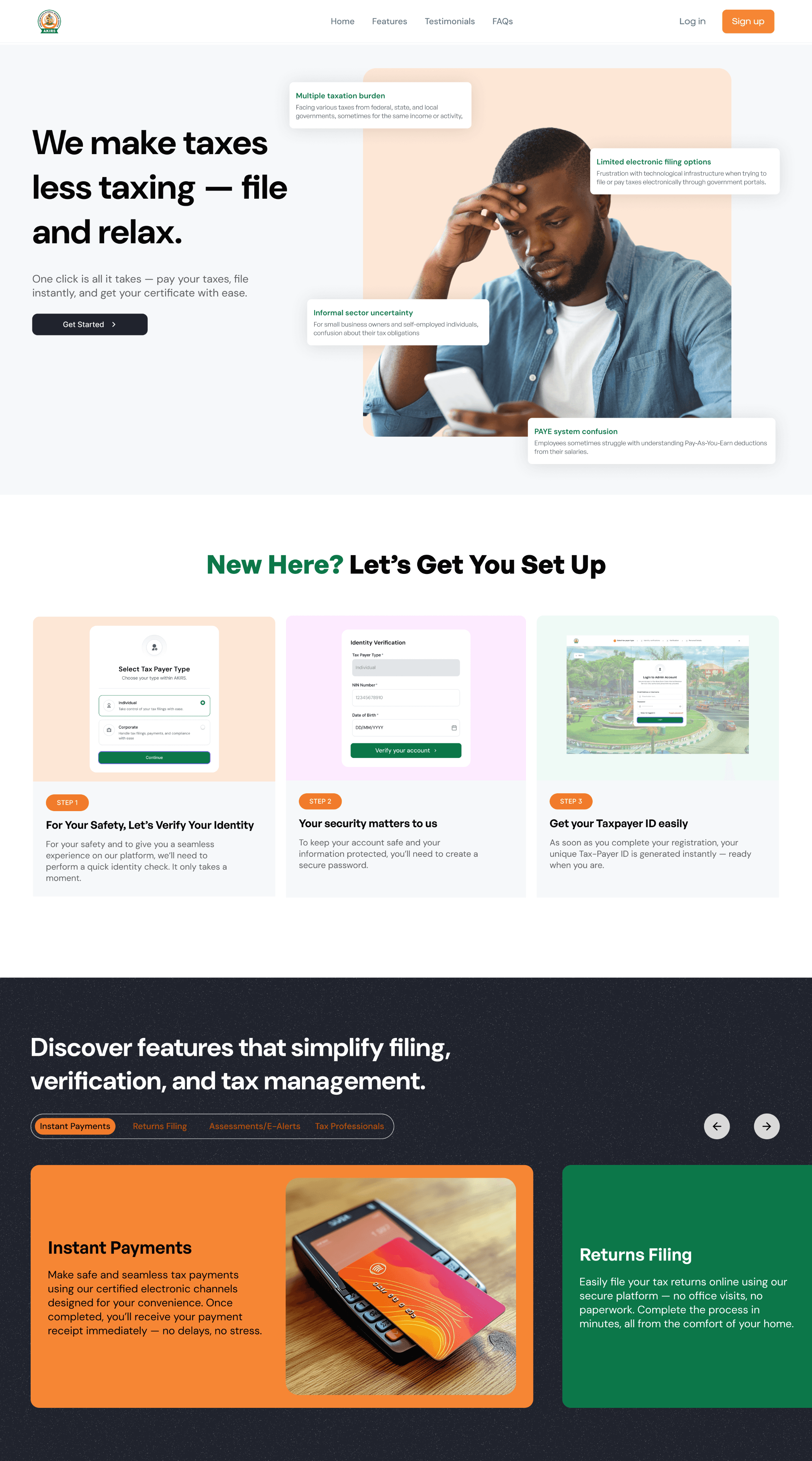 Tax software interface showing 'We make taxes less taxing' with person using service